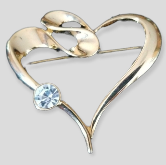 Vintage Heart Rhinestone Brooch Gold Tone - Picture 4 of 12